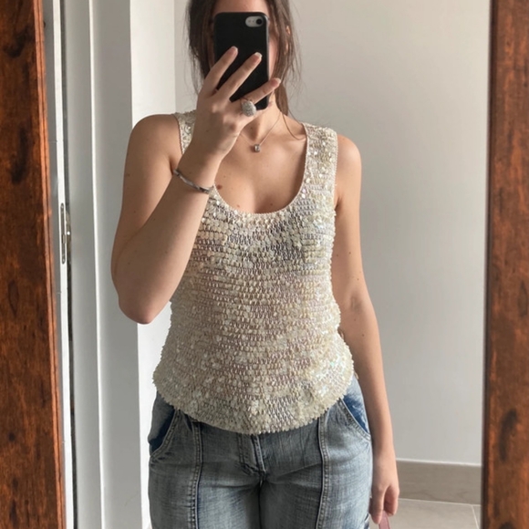 The perfect summer vintage sequins top: cream, shiny paillettes - Picture 4 of 5